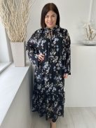H&M (L) Fekete Kék-Drapp Virágos, Nyakban Megköthető Bélelt, Tölcsér Ujjú Ruha