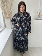H&M (L) Fekete Kék-Drapp Virágos, Nyakban Megköthető Bélelt, Tölcsér Ujjú Ruha
