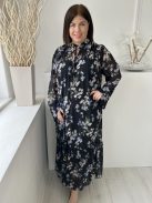 H&M (L) Fekete Kék-Drapp Virágos, Nyakban Megköthető Bélelt, Tölcsér Ujjú Ruha