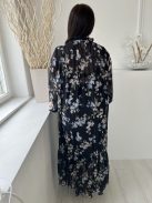 H&M (L) Fekete Kék-Drapp Virágos, Nyakban Megköthető Bélelt, Tölcsér Ujjú Ruha