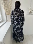 H&M (L) Fekete Kék-Drapp Virágos, Nyakban Megköthető Bélelt, Tölcsér Ujjú Ruha