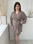 Shein (L) Barna Fekete Mintás, Átlapolt Derékban Megkötős, Galléros Ruha