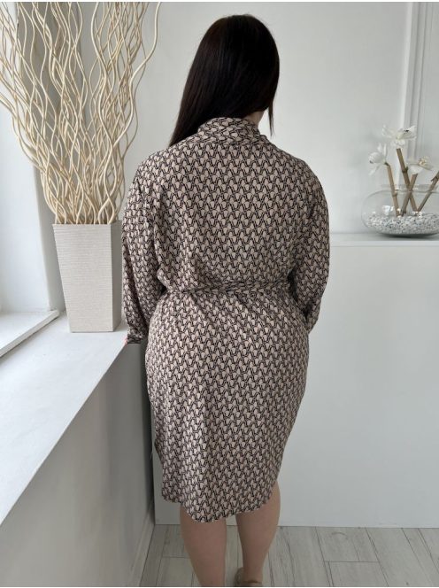 Shein (L) Barna Fekete Mintás, Átlapolt Derékban Megkötős, Galléros Ruha