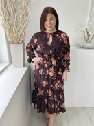H&M (L) Barna Virágos, Mellnél Kivágott Gumisderekú, Megkötős, Fodros Aljú Ruha