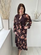 H&M (L) Barna Virágos, Mellnél Kivágott Gumisderekú, Megkötős, Fodros Aljú Ruha