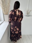 H&M (L) Barna Virágos, Mellnél Kivágott Gumisderekú, Megkötős, Fodros Aljú Ruha