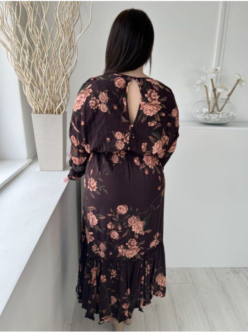 H&M (L) Barna Virágos, Mellnél Kivágott Gumisderekú, Megkötős, Fodros Aljú Ruha