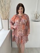 Primark (L) Drapp-Narancs-Bordó Mintás, Nyakban Megkötős Fodros Aljú, Bélelt Ruha