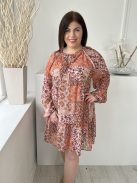 Primark (L) Drapp-Narancs-Bordó Mintás, Nyakban Megkötős Fodros Aljú, Bélelt Ruha