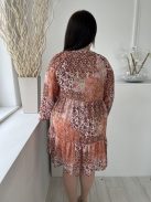 Primark (L) Drapp-Narancs-Bordó Mintás, Nyakban Megkötős Fodros Aljú, Bélelt Ruha