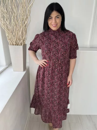   Violet (L) Fekete Piros-Rózsaszín Apró Virágos Nyakánál Darázsolt Ruha