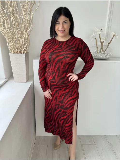 River Island (M) Piros Fekete Tigriscsíkos, Kerek Nyakú Oldalt Sliccelt Ruha