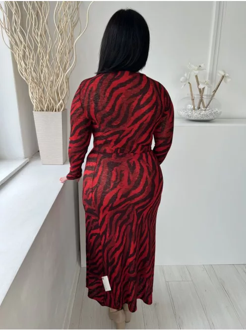 River Island (M) Piros Fekete Tigriscsíkos, Kerek Nyakú Oldalt Sliccelt Ruha