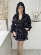 ZARA (M) Fekete Lila Virágos, Pliszírozott, Fodros, Gumírozott Derekú Ruha