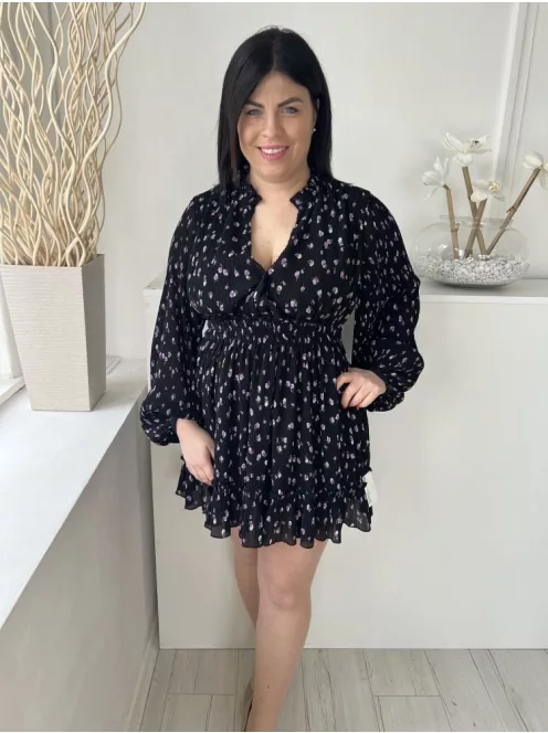 ZARA (M) Fekete Lila Virágos, Pliszírozott, Fodros, Gumírozott Derekú Ruha