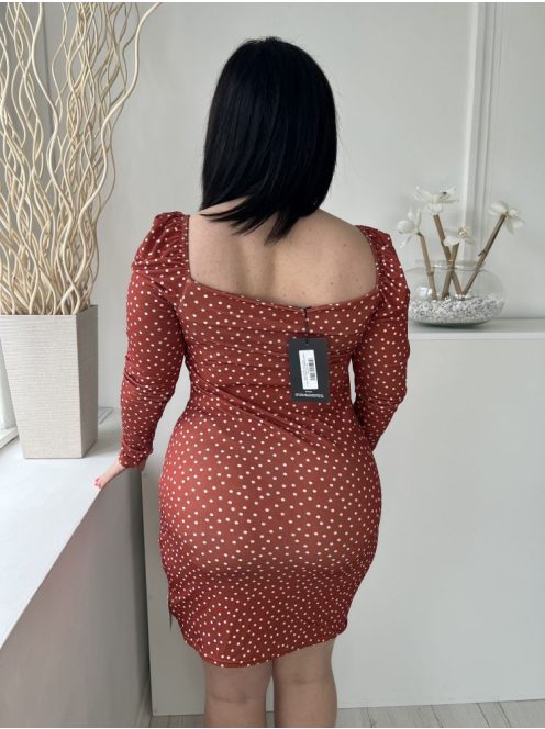 ÚJPretty Little Thing (L) Rozsdabarna Fehér Pöttyös, Elől Összehúzható, Megkötős, Gumírozott Vállú, Rugalmas Anyagú Ruha