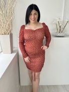 ÚJPretty Little Thing (L) Rozsdabarna Fehér Pöttyös, Elől Összehúzható, Megkötős, Gumírozott Vállú, Rugalmas Anyagú Ruha