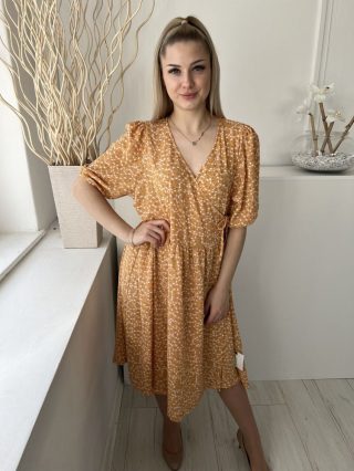   Monki (S) Pasztell Narancs Apró Fehér Virágos, Átlapolt Oldalt Megkötős, Buggyos Ujjú Ruha