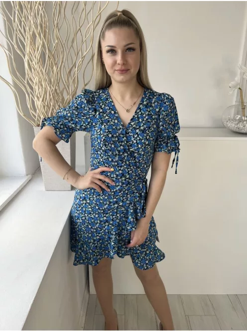 ÚJBrave Soul (XS) Sötétkék Kék Sűrű Virágos, Átlapolt Oldalt Megkötős, Fodros Szegélyű Ruha