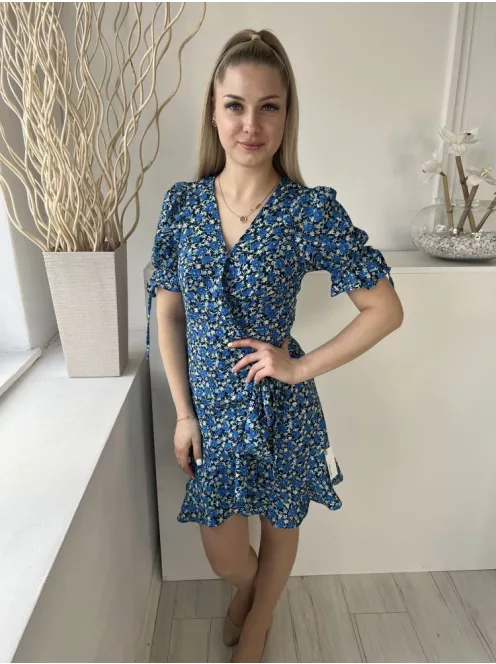ÚJBrave Soul (XS) Sötétkék Kék Sűrű Virágos, Átlapolt Oldalt Megkötős, Fodros Szegélyű Ruha
