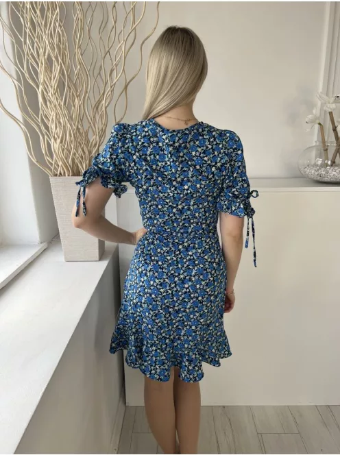 ÚJBrave Soul (XS) Sötétkék Kék Sűrű Virágos, Átlapolt Oldalt Megkötős, Fodros Szegélyű Ruha