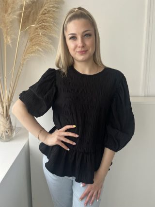   Primark (XS) Fekete Anyagában Mintás, Buggyos Ujjú Hátul Nyakban Megkötős Felső