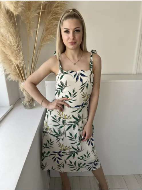 Monteau (M) Krémszínű Levélmintás,, Megköthető Pántú Hátul Darázsolt, Zsebes, Bélelt Ruha