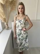 Monteau (M) Krémszínű Levélmintás,, Megköthető Pántú Hátul Darázsolt, Zsebes, Bélelt Ruha