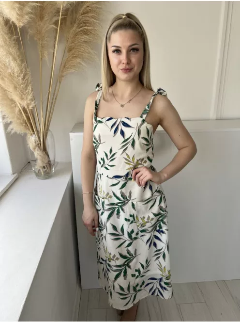 Monteau (M) Krémszínű Levélmintás,, Megköthető Pántú Hátul Darázsolt, Zsebes, Bélelt Ruha