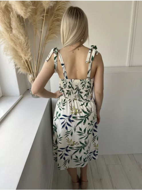 Monteau (M) Krémszínű Levélmintás,, Megköthető Pántú Hátul Darázsolt, Zsebes, Bélelt Ruha