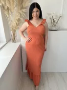 F&F (L) Fahéj Anyagában Mintás, Fodros Vállú Hátul Nyitott, Megkötős Ruha