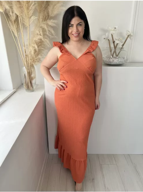 F&F (L) Fahéj Anyagában Mintás, Fodros Vállú Hátul Nyitott, Megkötős Ruha