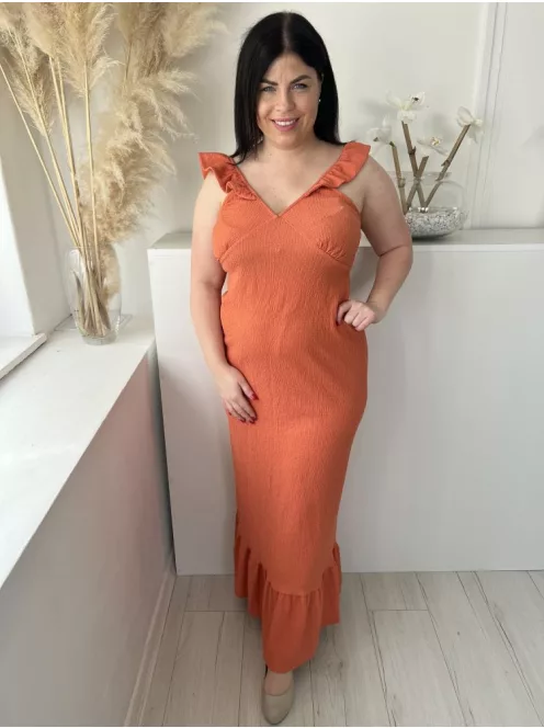 F&F (L) Fahéj Anyagában Mintás, Fodros Vállú Hátul Nyitott, Megkötős Ruha