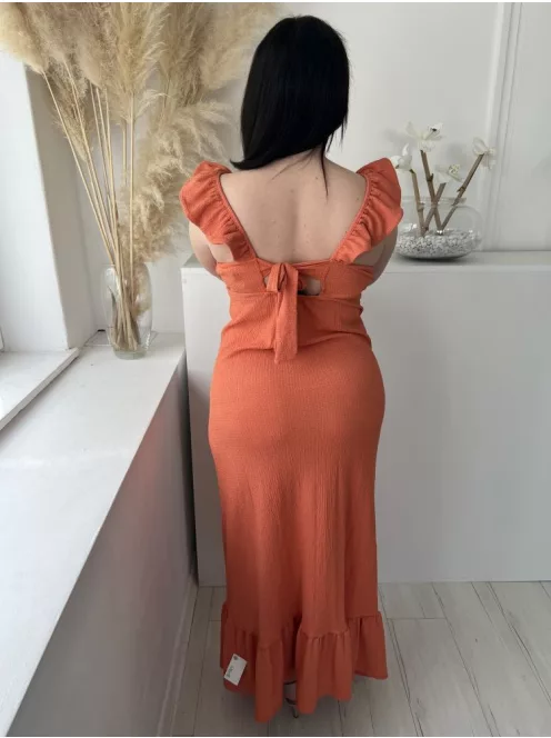 F&F (L) Fahéj Anyagában Mintás, Fodros Vállú Hátul Nyitott, Megkötős Ruha