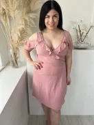 ÚJ Atmosphere (M) Rózsaszín Átlapolt, Oldalt Megkötős Fodros Szegélyű, Vállán Nyitott Ruha