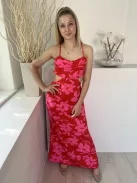 Shein (M) Piros Rózsaszín Virágos, Oldalt Kivágott Hátul Keresztpántos, Cipzáros Ruha