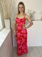 Shein (M) Piros Rózsaszín Virágos, Oldalt Kivágott Hátul Keresztpántos, Cipzáros Ruha