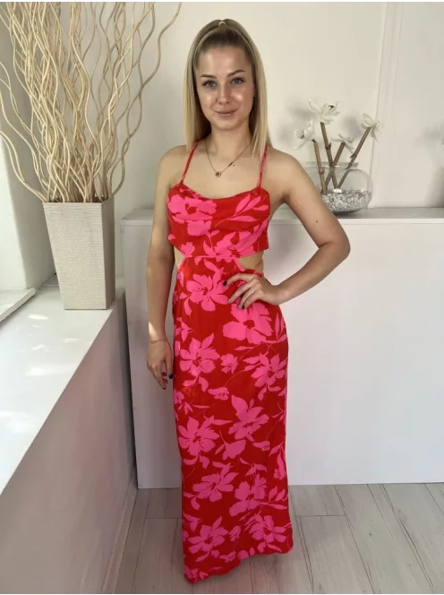 Shein (M) Piros Rózsaszín Virágos, Oldalt Kivágott Hátul Keresztpántos, Cipzáros Ruha