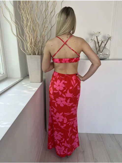 Shein (M) Piros Rózsaszín Virágos, Oldalt Kivágott Hátul Keresztpántos, Cipzáros Ruha