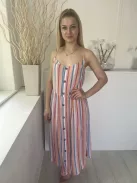 F&F (M) Színes Csíkos Mellnél Díszgombos, Szoknyrészén Gombolható Ezüstszálas, Pántos Ruha