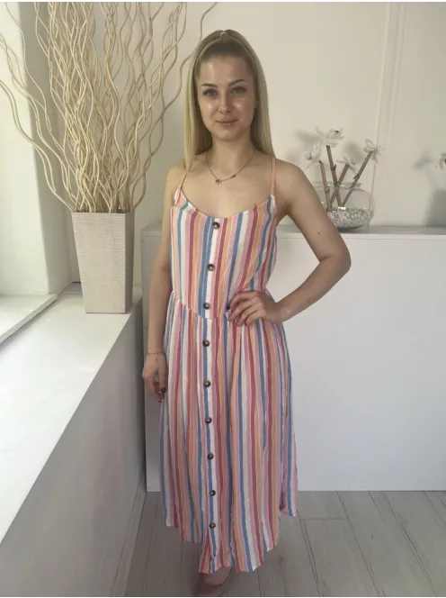 F&F (M) Színes Csíkos Mellnél Díszgombos, Szoknyrészén Gombolható Ezüstszálas, Pántos Ruha