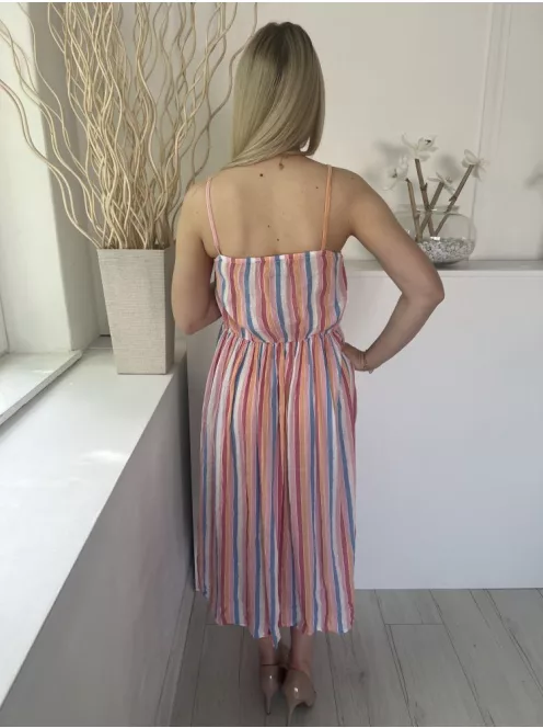 F&F (M) Színes Csíkos Mellnél Díszgombos, Szoknyrészén Gombolható Ezüstszálas, Pántos Ruha