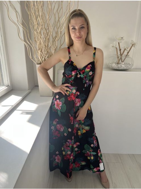 Monsoon (M) Fekete Színes Virágos, Oldalt Cipzáros 100% Pamut, Mellnél Megkötős Ruha