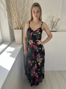 Monsoon (M) Fekete Színes Virágos, Oldalt Cipzáros 100% Pamut, Mellnél Megkötős Ruha