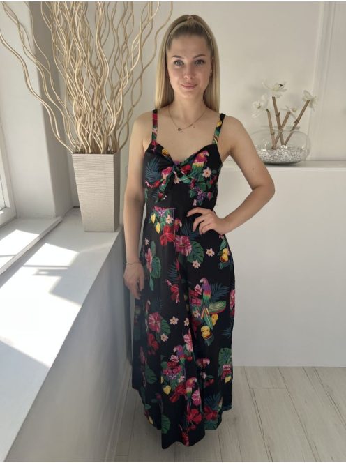 Monsoon (M) Fekete Színes Virágos, Oldalt Cipzáros 100% Pamut, Mellnél Megkötős Ruha