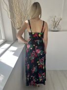 Monsoon (M) Fekete Színes Virágos, Oldalt Cipzáros 100% Pamut, Mellnél Megkötős Ruha