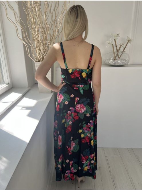 Monsoon (M) Fekete Színes Virágos, Oldalt Cipzáros 100% Pamut, Mellnél Megkötős Ruha