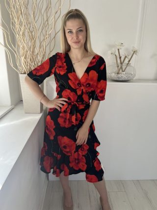   Jacqueline De Young (S) Fekete Piros Virágos, Átlapolt Oldalt Megkötős Ruha