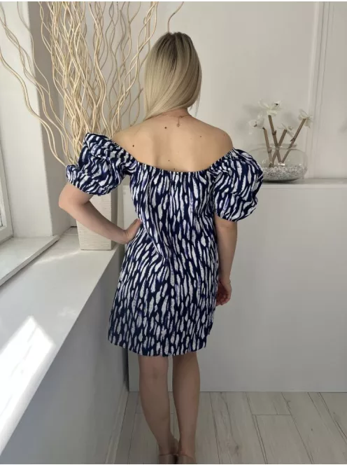 George (M) Indigókék Fehér Mintás, Ejtett Gumis Vállú Mellnél Megkötős, Buggyos Ujjú, 100% Pamut Ruha