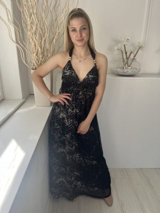   Ocean Club (S) Fekete Drapp Mintás, Hátul Nyakban Megkötős Derékban Darázsolt, Bélelt Ruha